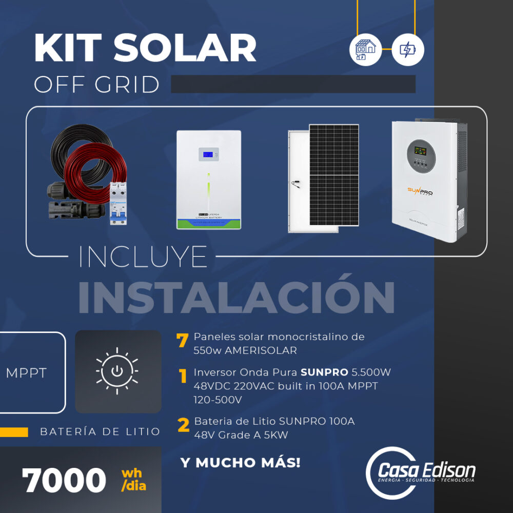 KIT DE ENERGIA SOLAR 7.000W SISTEMA FUERA DE RED (MPPT) INCLUYE INSTALACION (LITIO)